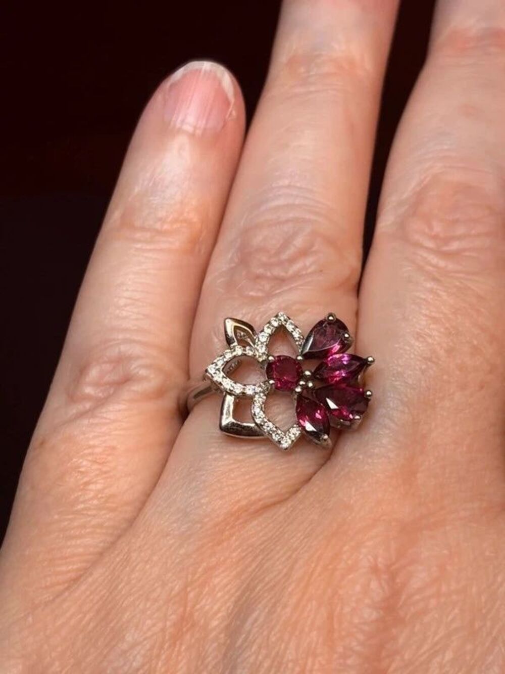 925 Sterling Silver Stamped Pink CZ Floral Statement Ring Size 6 Pear Cut Flower